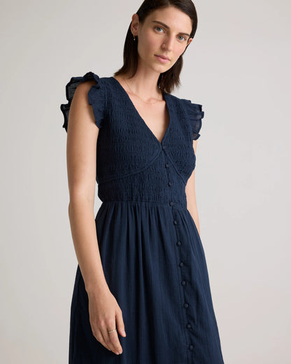 Organic Textured Cotton Smocked V-Neck Midi Dress - XS / Pale Custard Yellow