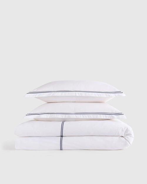 Organic Crisp Percale Embellished Duvet Cover Set - Twin / White/Navy