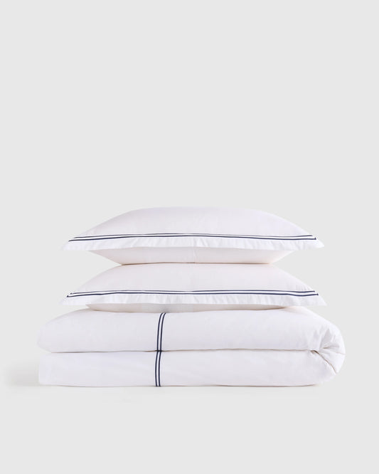Organic Crisp Percale Embellished Duvet Cover Set - Twin / White/Navy
