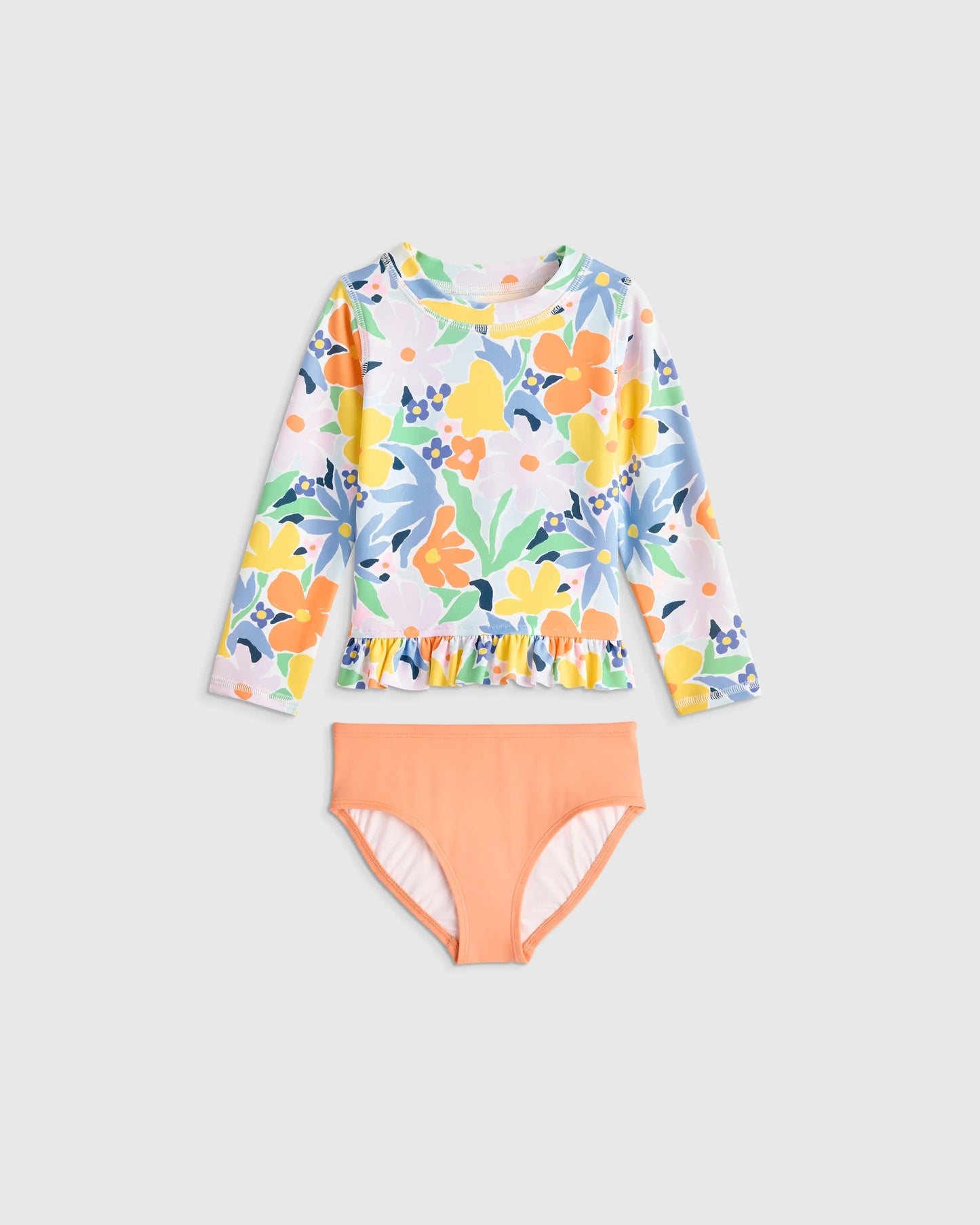 Long Sleeve Ruffle Rash Guard Two-Piece Swimsuit - 2T / Poolside Floral