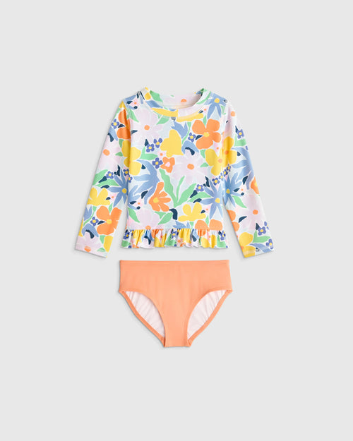 Long Sleeve Ruffle Rash Guard Two-Piece Swimsuit - 2T / Poolside Floral