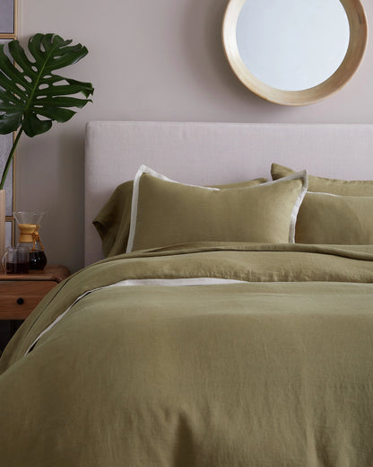 European Linen Contrast Flange Sham Set - Standard / Aloe/Sand