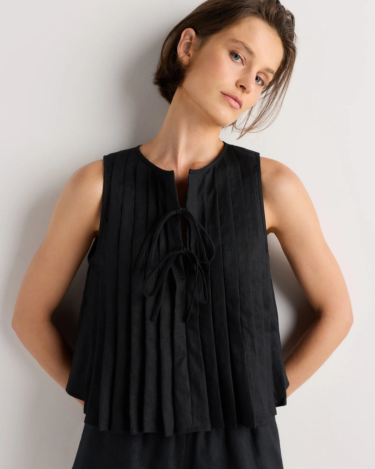 100% European Linen Pleated Tank - XS / Moonstone Blue