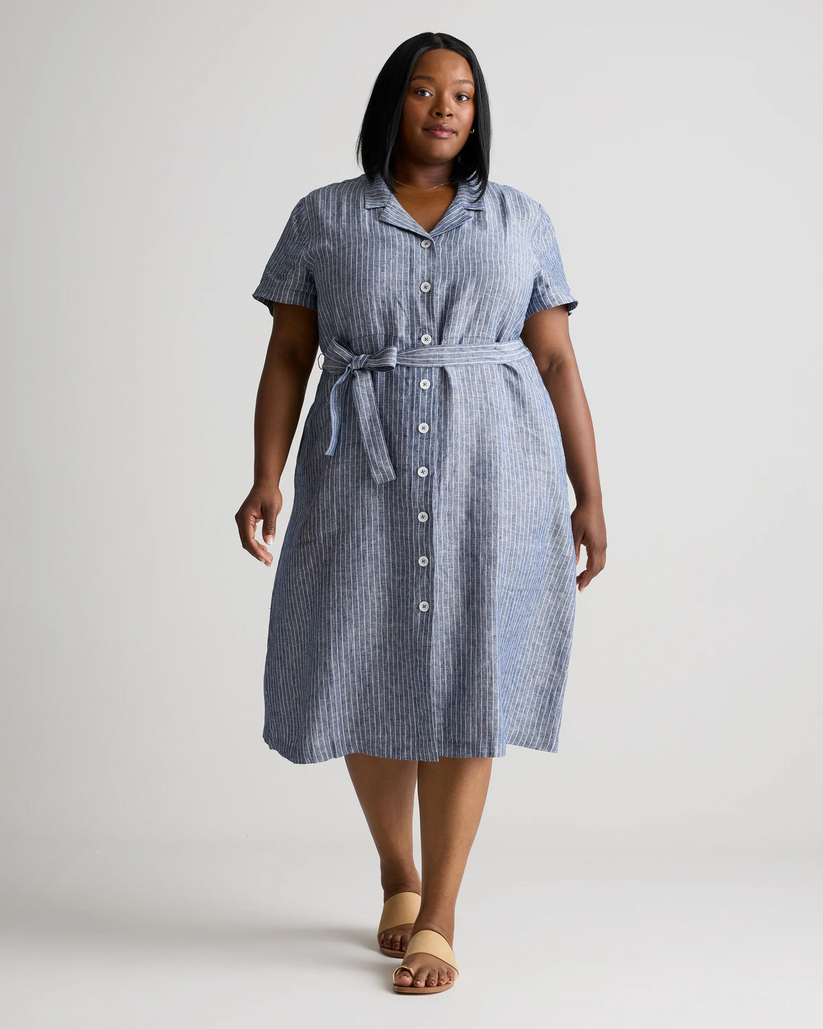 100% European Linen Button Front Dress - 1X / Blue Pinstripe