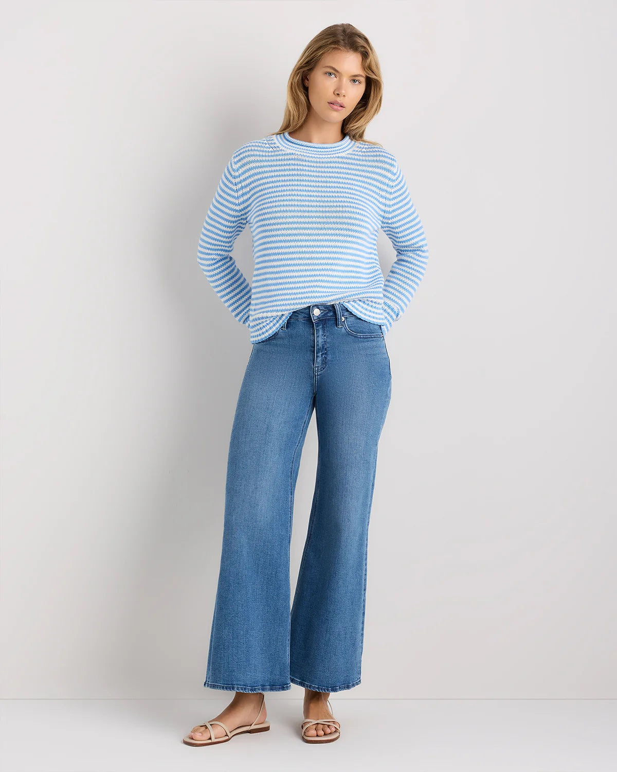 100% Organic Cotton Roll Neck Sweater - XS / Cornflower Mini Stripe